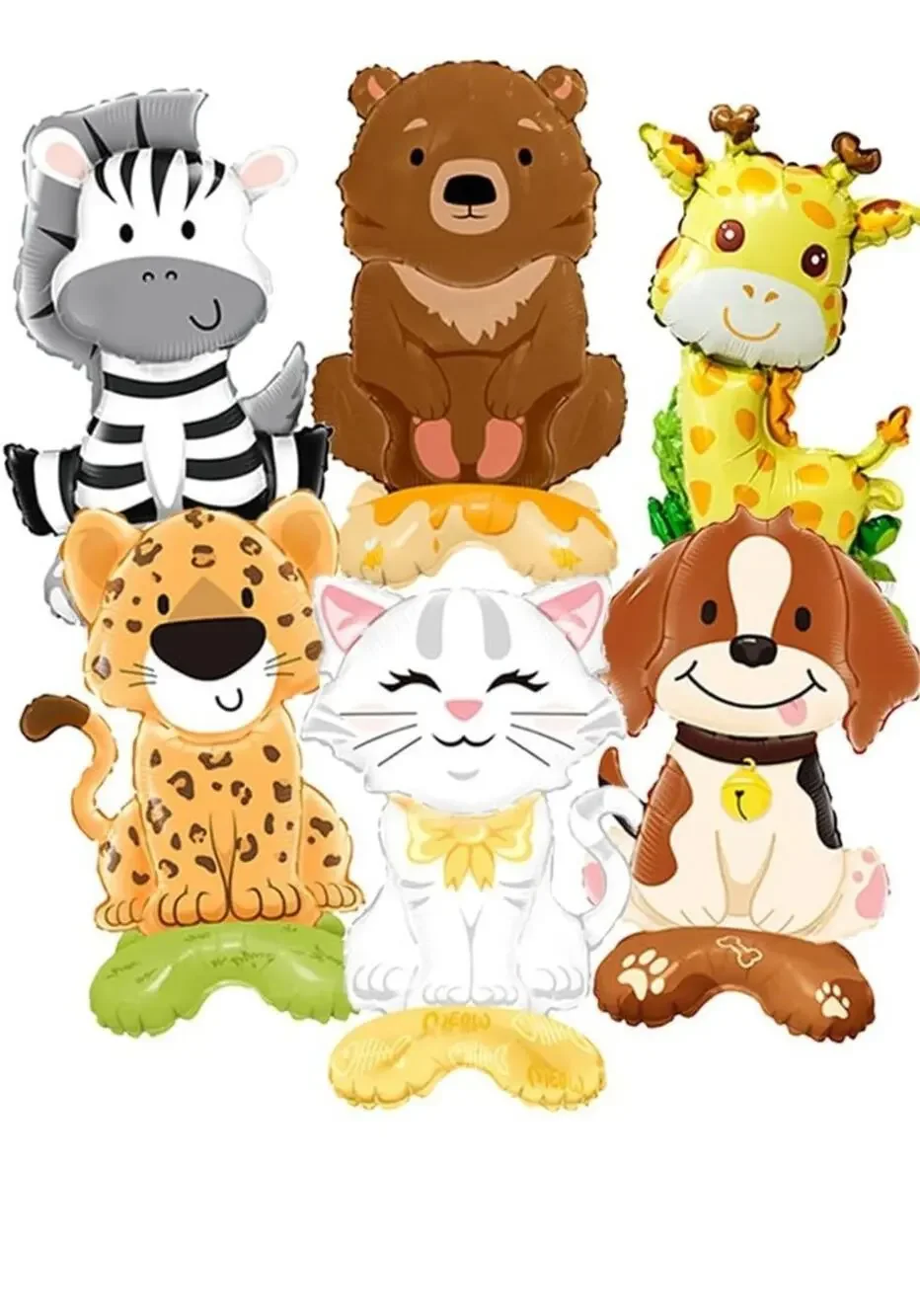 6pcs Standing Cute Animal Foil Balloons Zebra Leopard Giraffe Bear Dog Cat Mylar